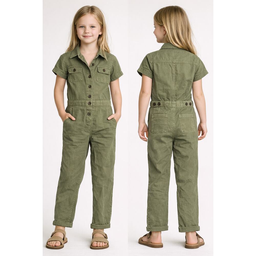Outerknown S.E.A Utility Jumpsuit Olive Organic Cotton Linen Short Sleeve Kids 7
